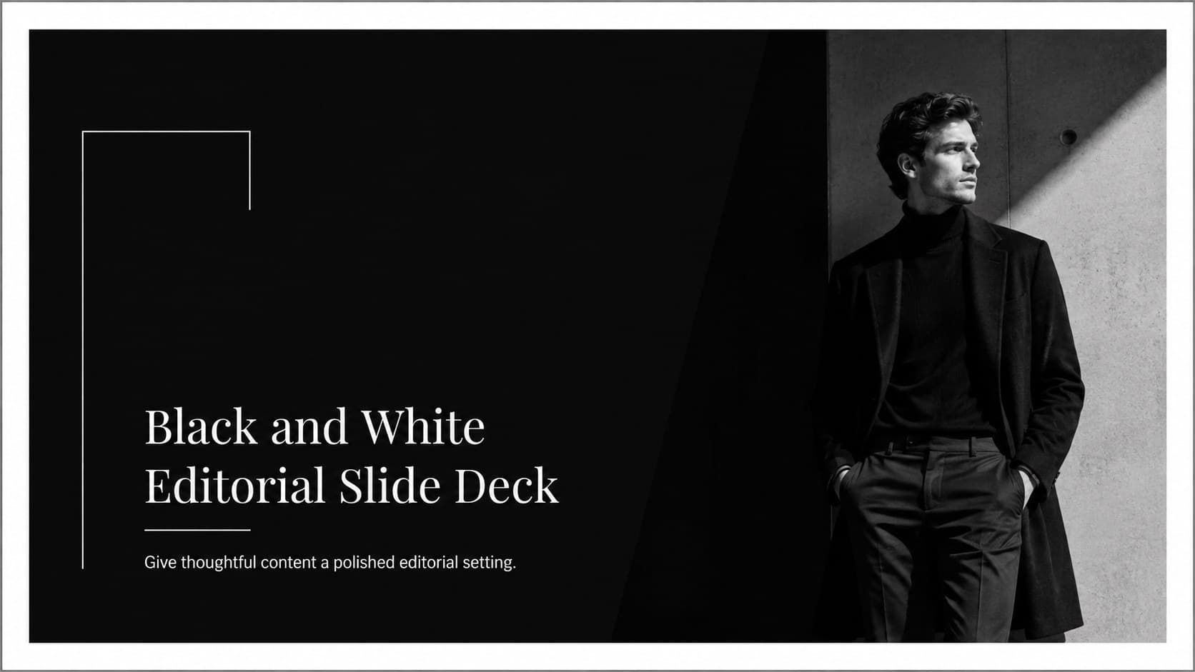 Cover of a black and white editorial slide deck with refined serif typography and a restrained monochrome composition.