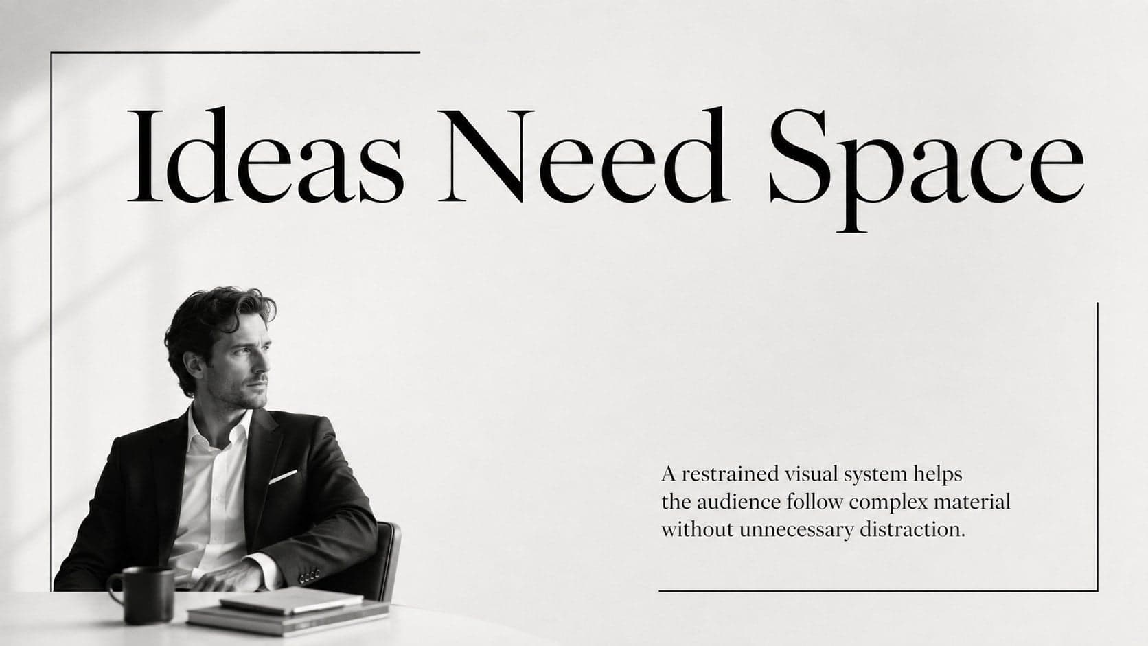 Black and white editorial slide introducing a central idea with a large serif statement and supporting text.
