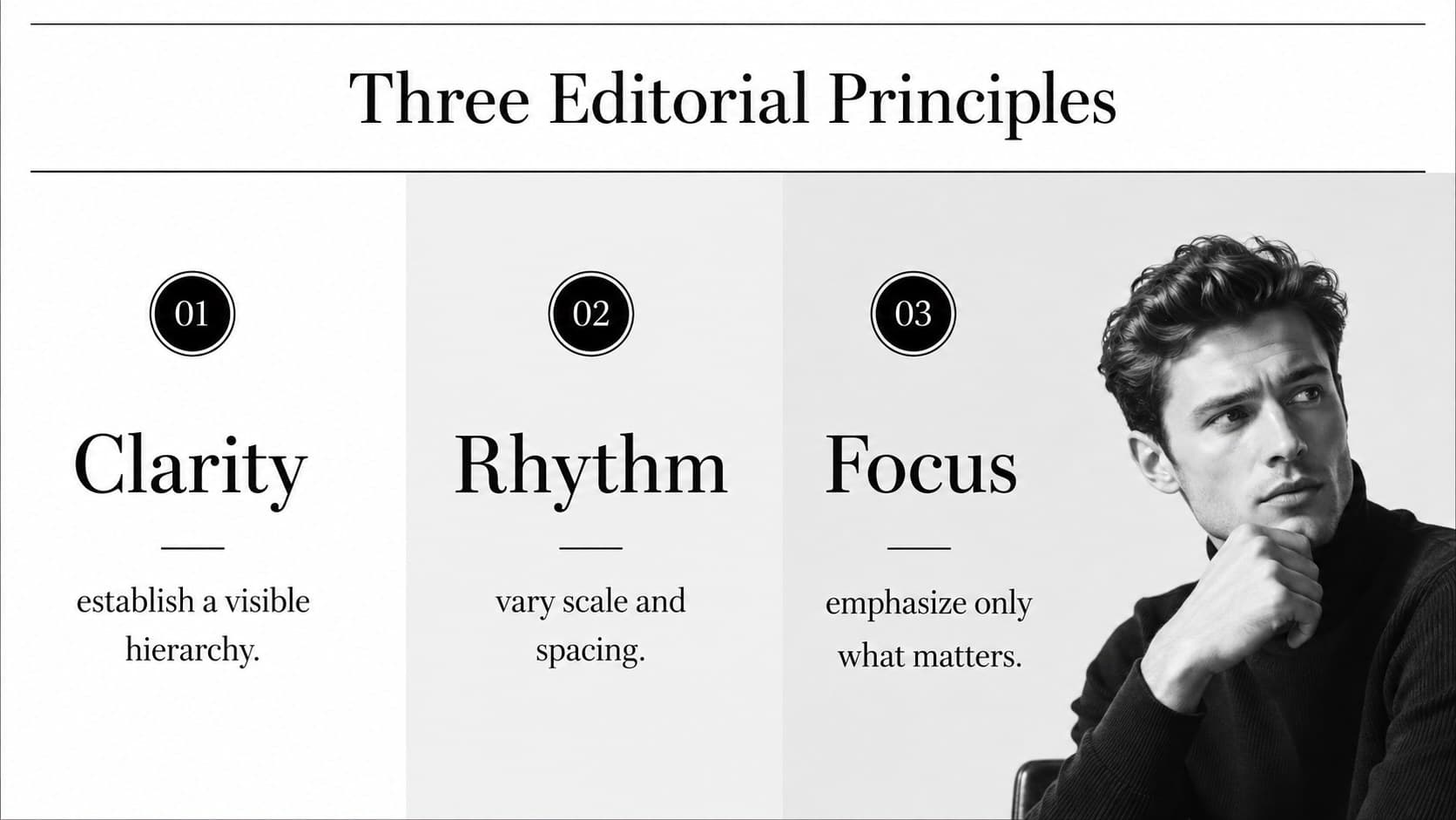 Serif typography Google Slides template layout showing three principles for clear editorial communication.
