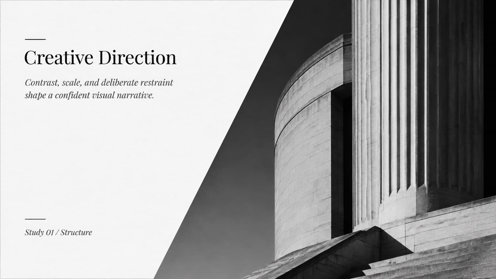 Monochrome portfolio presentation layout pairing a large photograph with a concise creative direction statement.