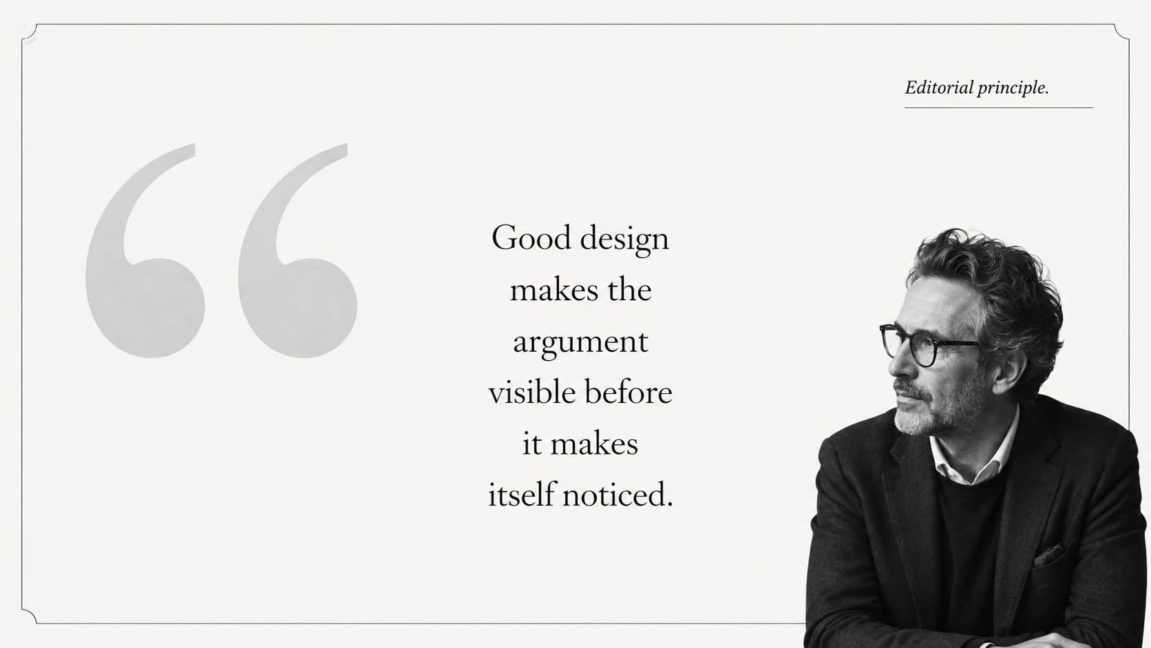 Elegant literature presentation slide featuring an editorial quotation in a spacious black and white design.