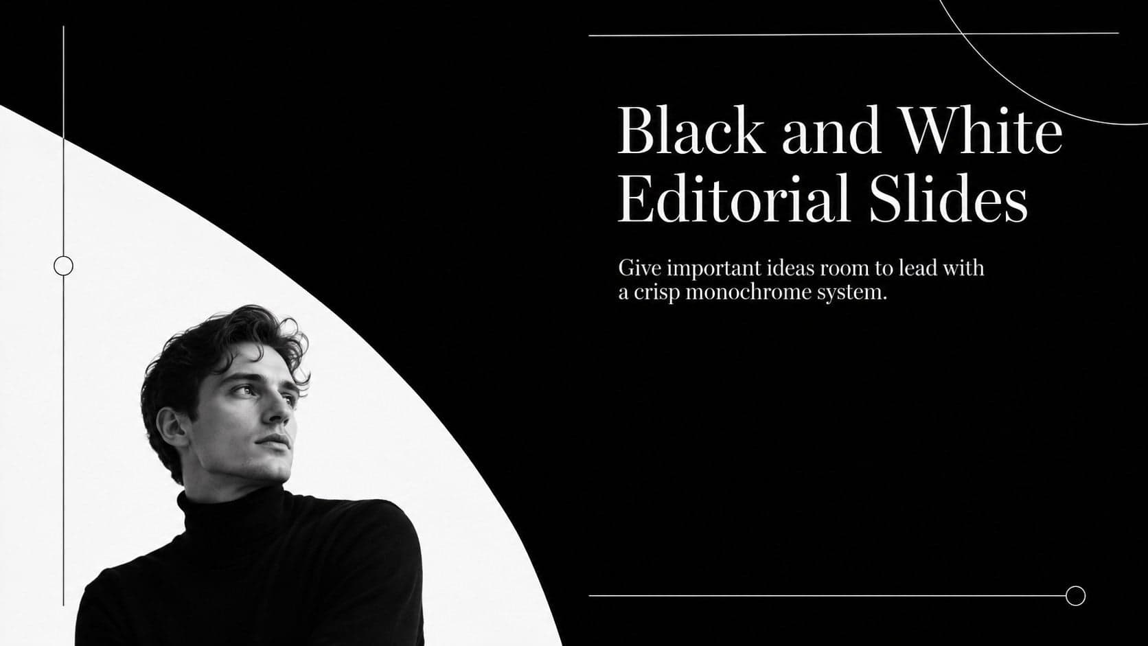 Cover for Black and White Editorial Slides with bold serif typography and a restrained monochrome layout.