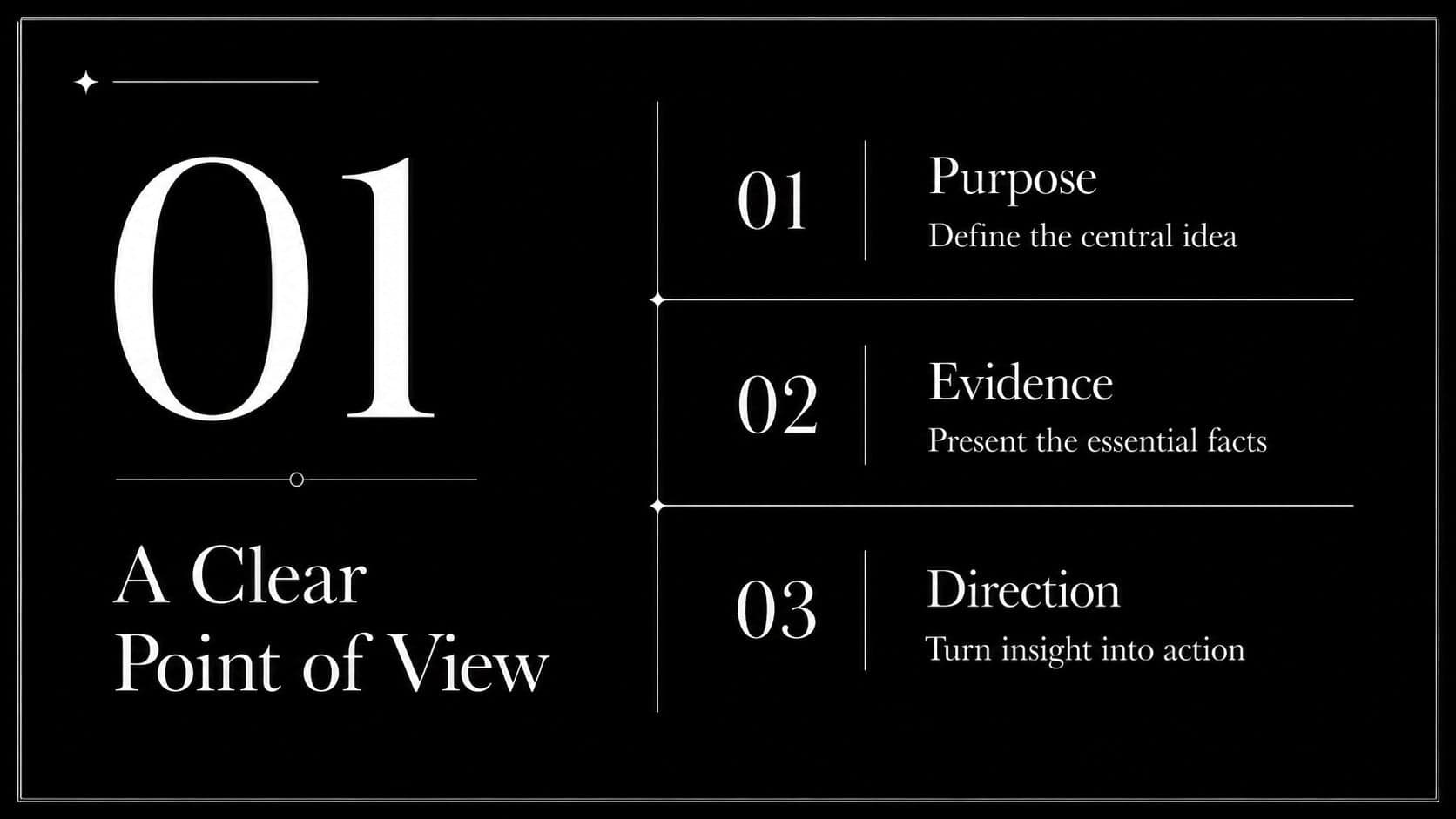 Minimal monochrome presentation template agenda with three structured editorial sections.