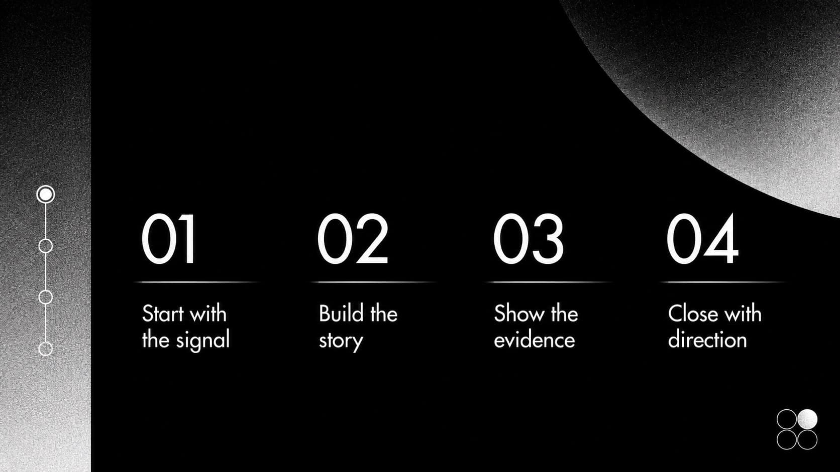 Agenda slide outlining the sections of a modern geometry slide theme with monochrome abstract shapes.