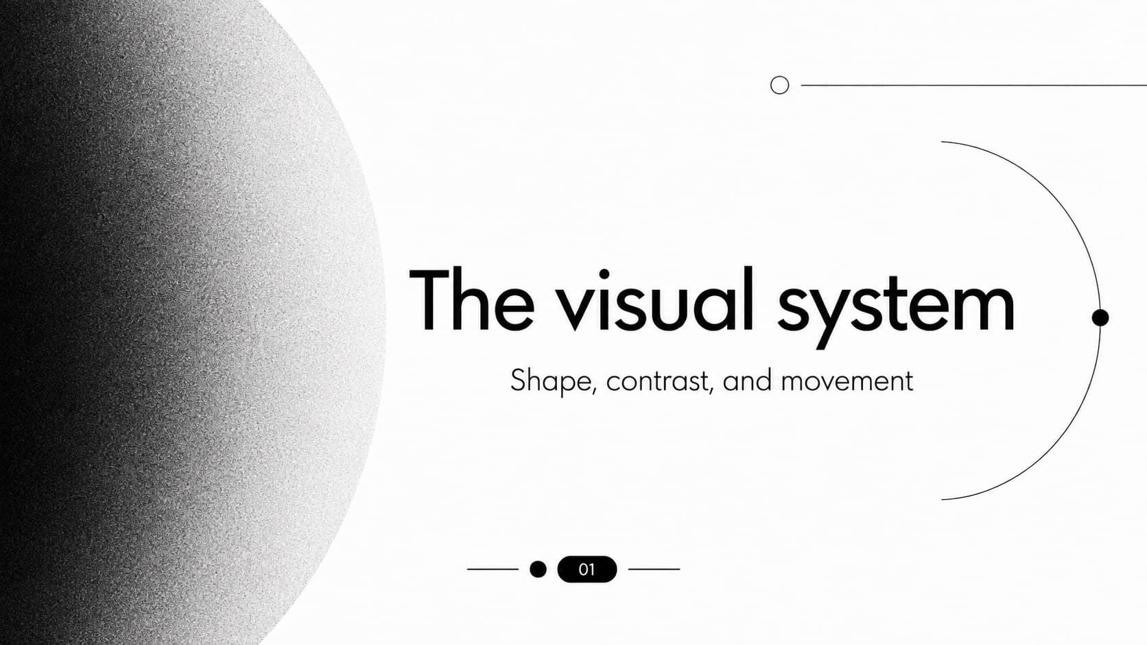 Section divider slide introducing the visual system with a large monochrome geometric motion graphic.