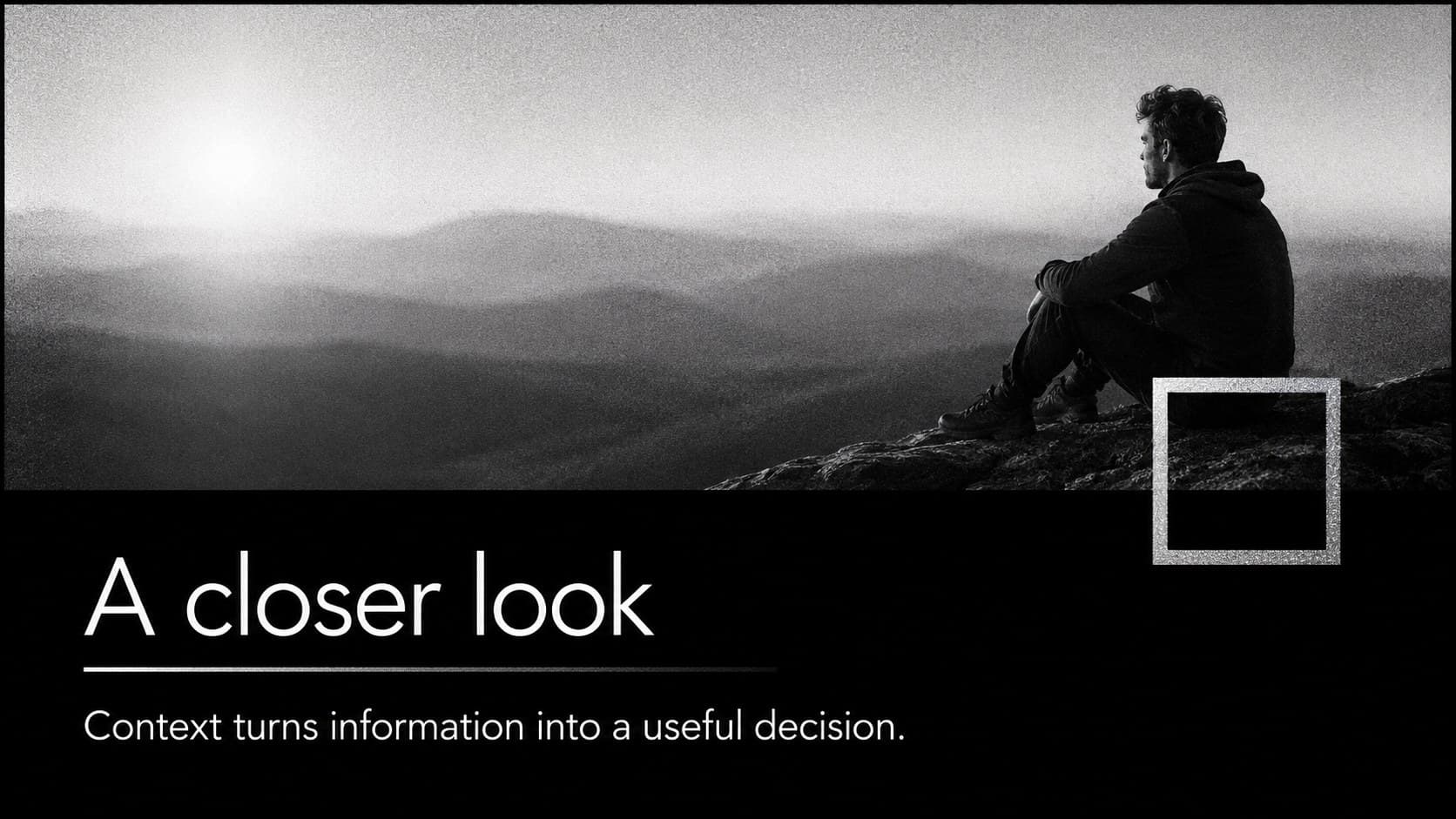Image-led storytelling slide with a monochrome texture frame and concise presentation caption.