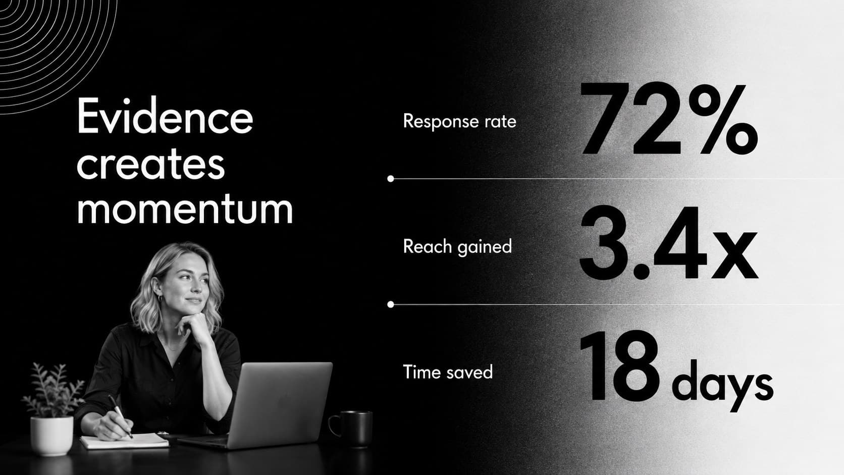 Data highlight slide with three bold metrics and abstract black and white shape accents.