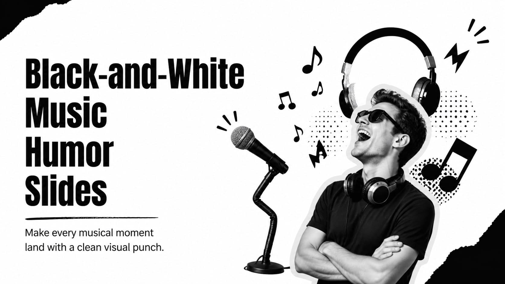 Cover for Black-and-White Music Humor Slides with bold monochrome lettering and playful musical graphics.