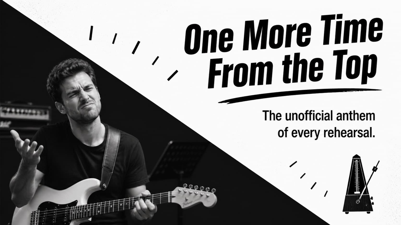 Minimalist musician meme template featuring a rehearsal joke and an original guitarist image.