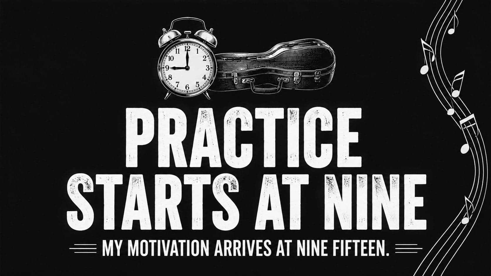 Funny music class slideshow page showing a bold practice-themed joke in a black-and-white layout.