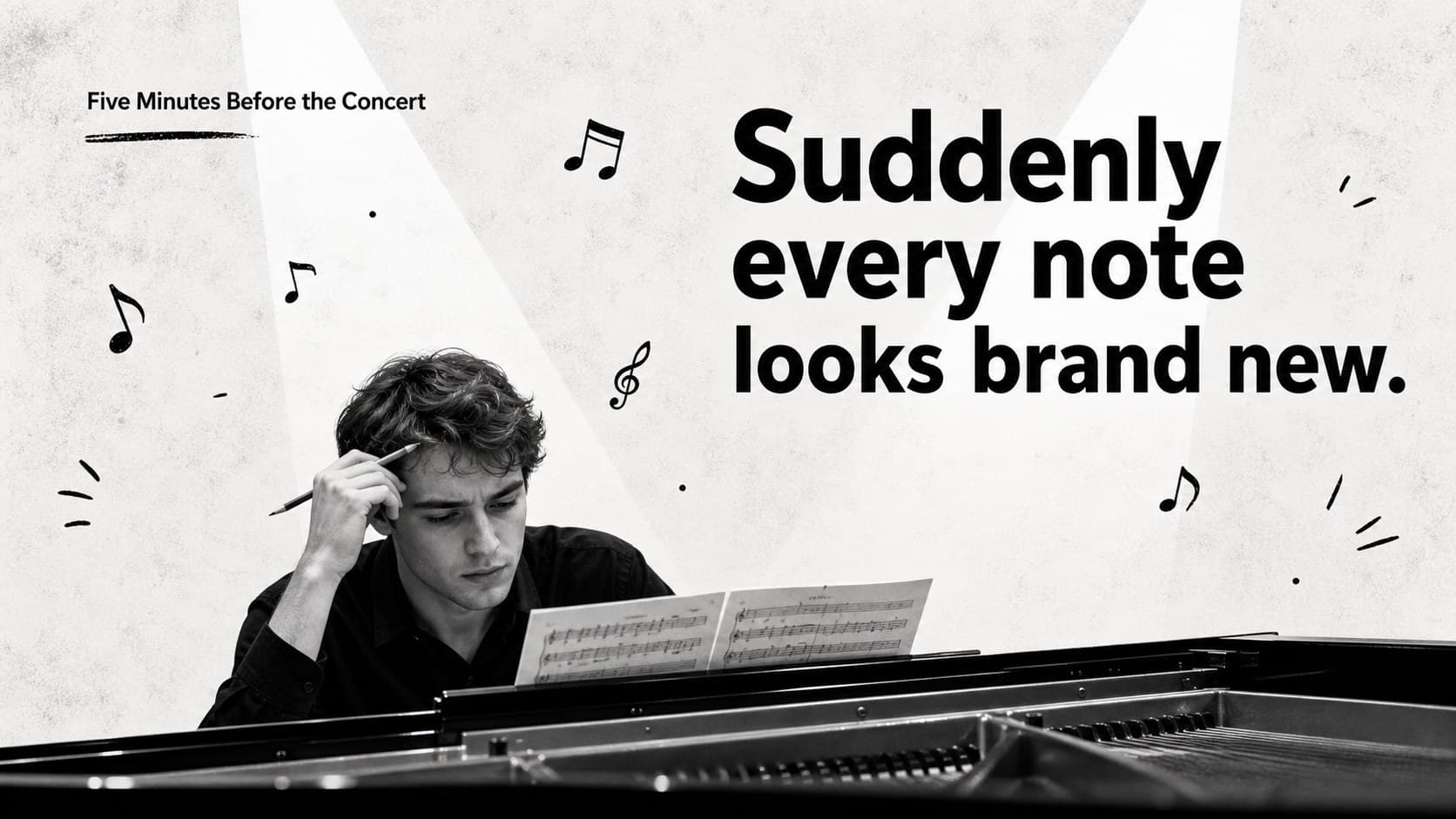 Musician reaction meme slide about concert nerves with an original performer and black-and-white styling.