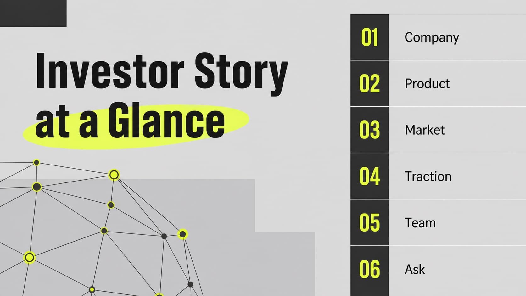 Blockchain startup investor slides agenda showing the presentation structure with grey panels and neon yellow highlights.