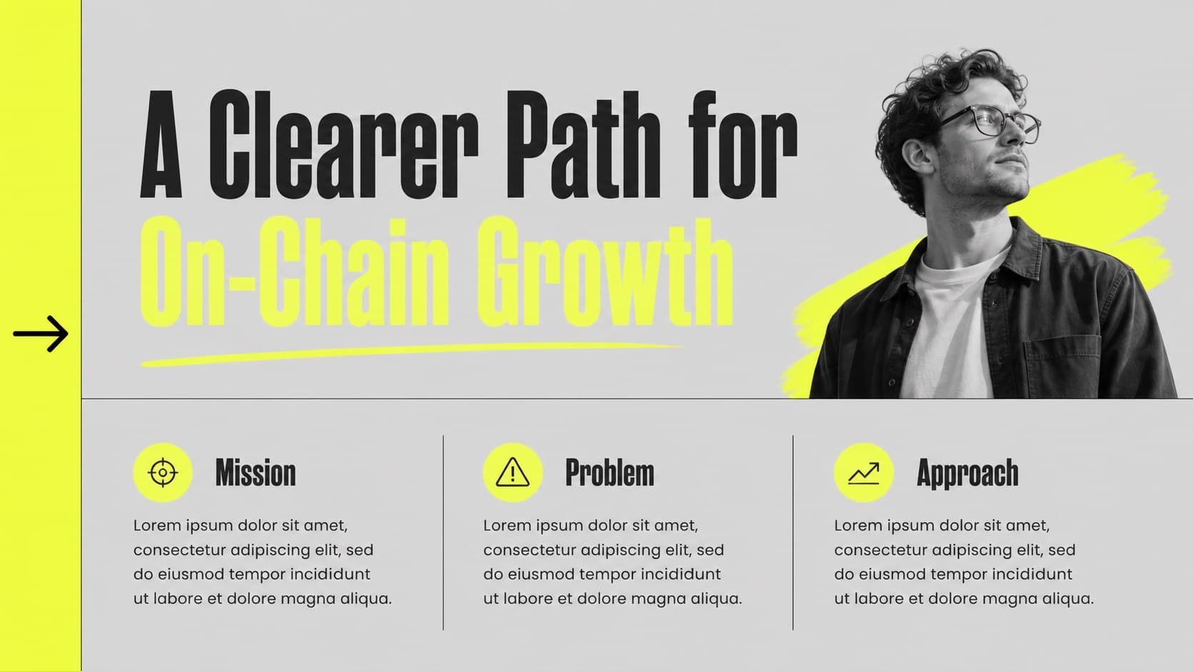 Blockchain startup company overview slide with a concise mission statement and neon yellow data callouts.