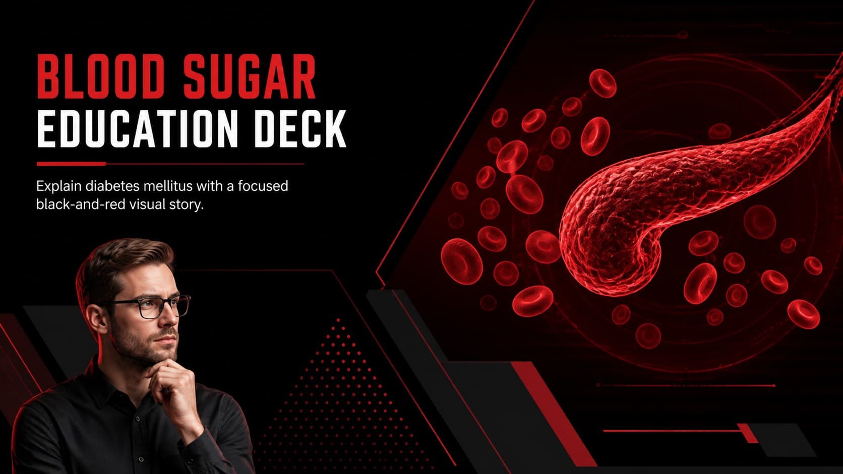 Cover of a blood sugar education deck with bold red medical graphics on a black background.