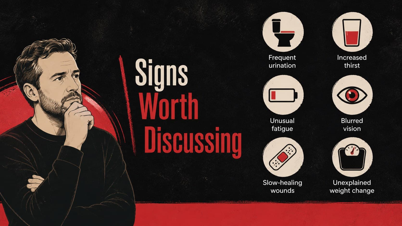 Diabetes awareness presentation template slide listing common symptoms with medical icons.