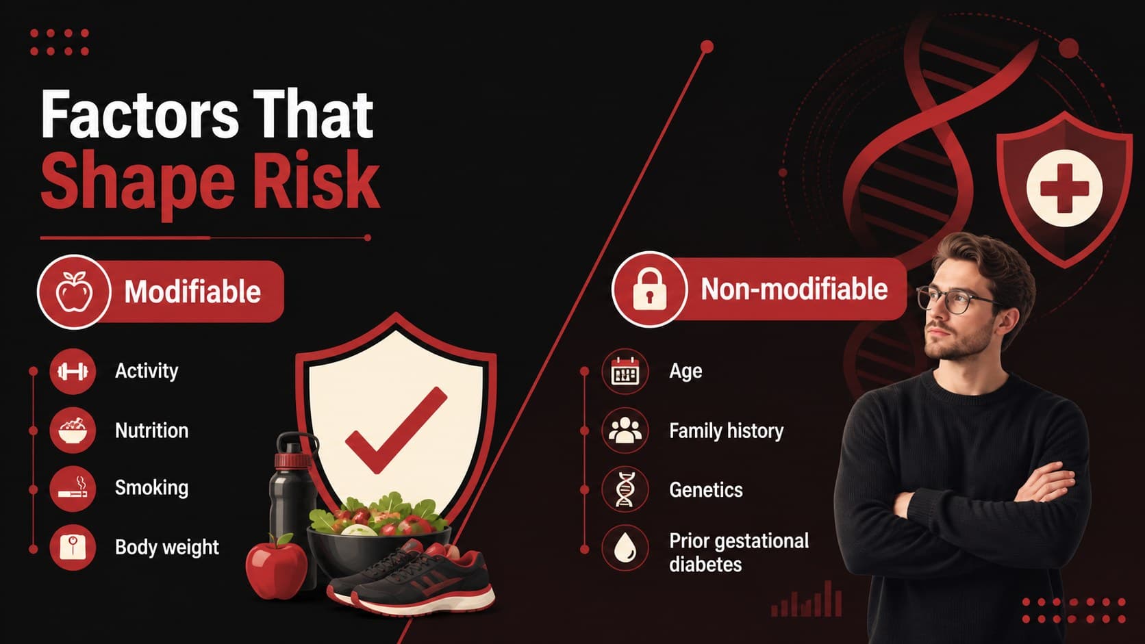 Clinical diabetes teaching template slide summarizing modifiable and non-modifiable risk factors.