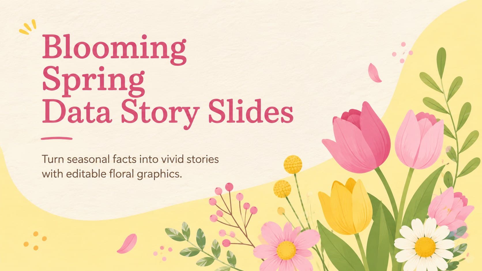Cover for Blooming Spring Data Story Slides with yellow and pink flowers framing a clean seasonal title.