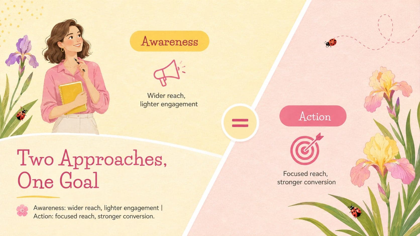 Yellow and pink infographic deck slide comparing campaign reach, engagement, and conversion results.