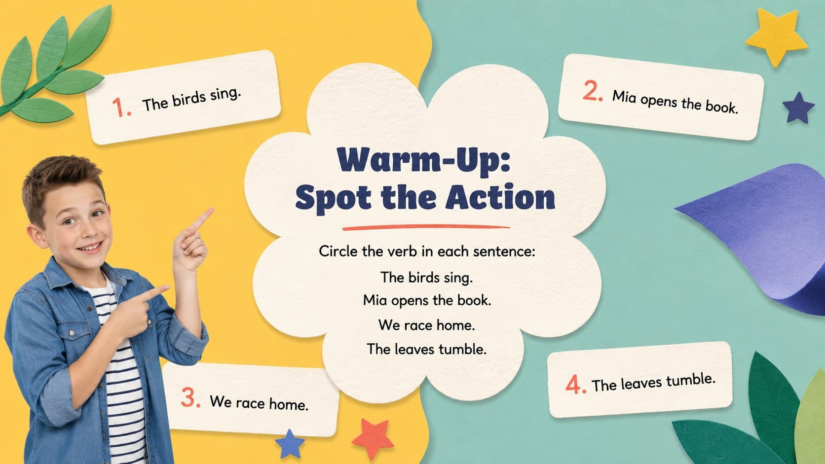 Interactive verb warm-up slide asking students to identify action words in short sentences.