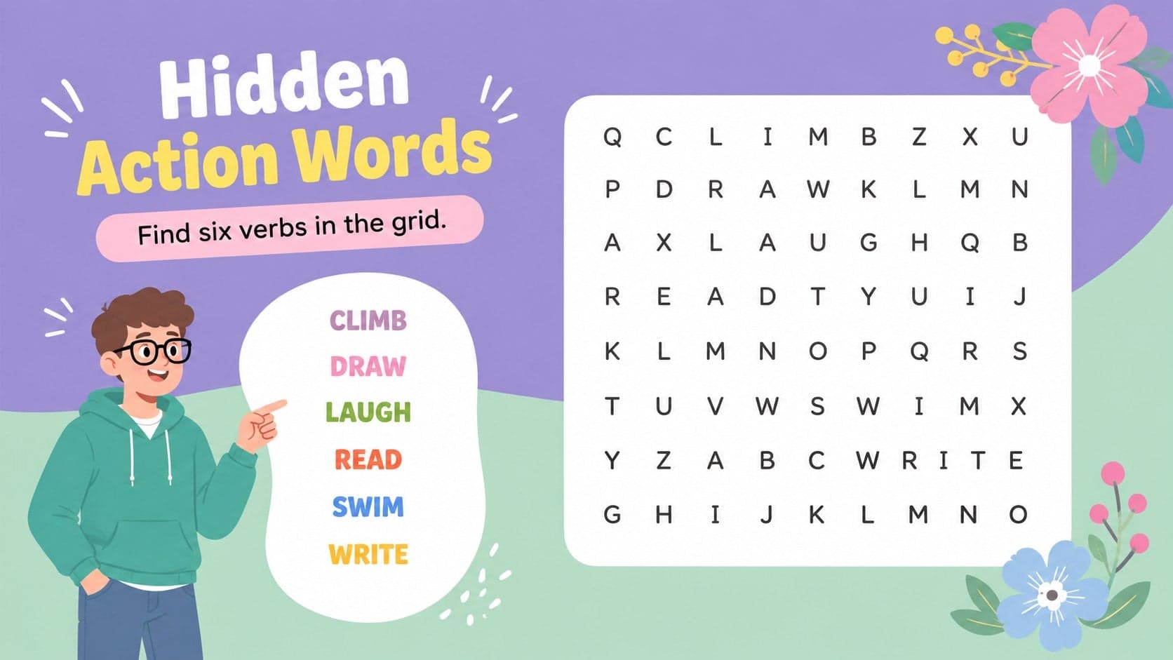 Elementary verb practice game slide with a word search surrounded by colorful cutout flowers.