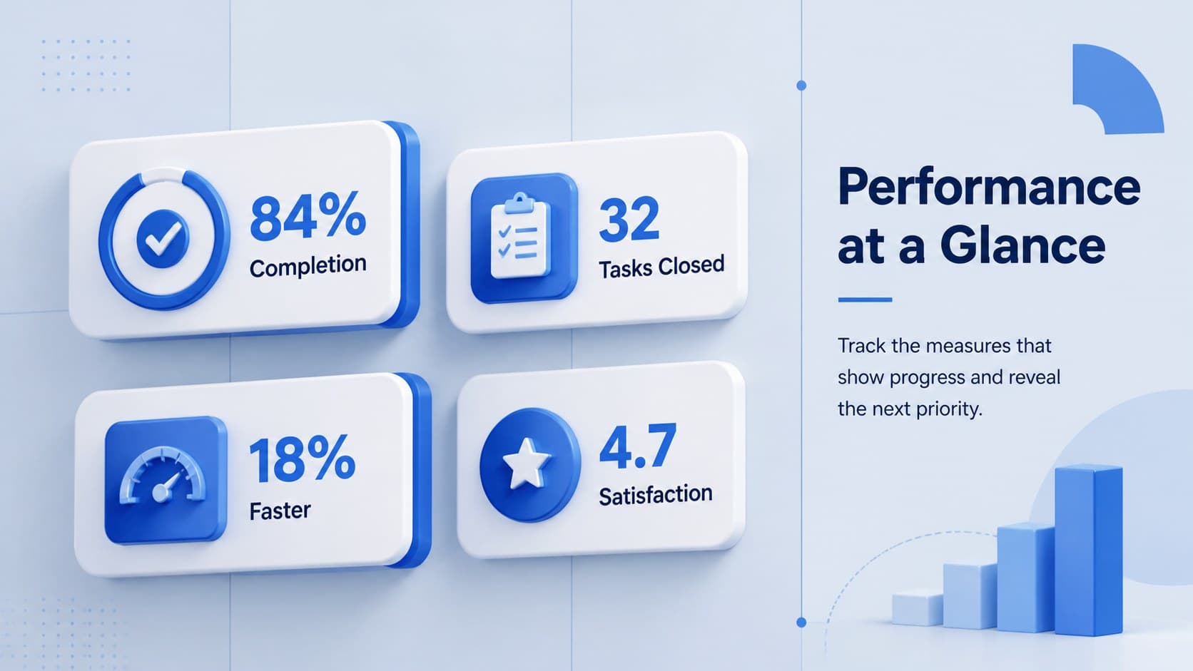 Customizable KPI infographic deck slide with four blue dimensional metric blocks for performance reporting.