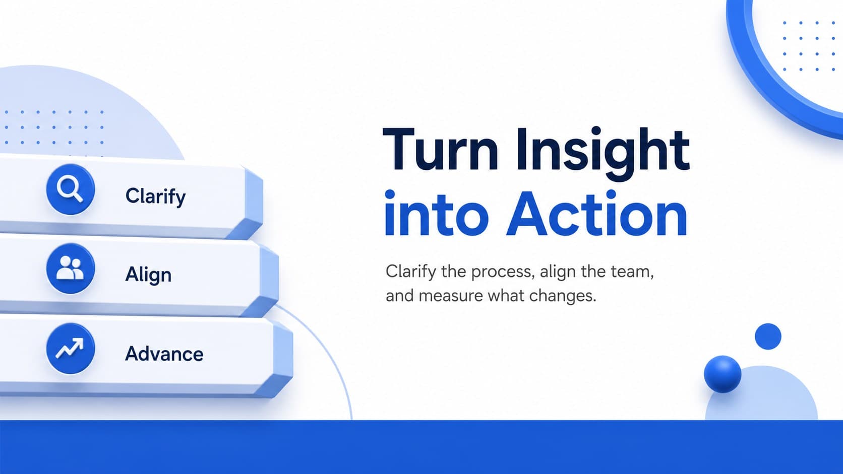 Closing slide from a professional process mapping presentation with three blue action pillars and a concise summary.