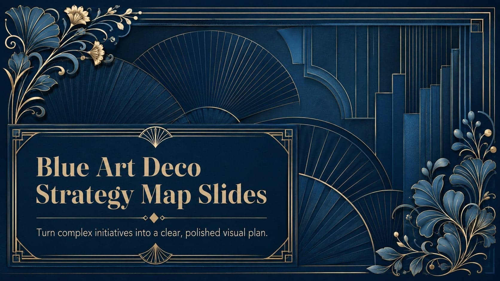 Cover for Blue Art Deco Strategy Map Slides with elegant blue botanical and geometric details.