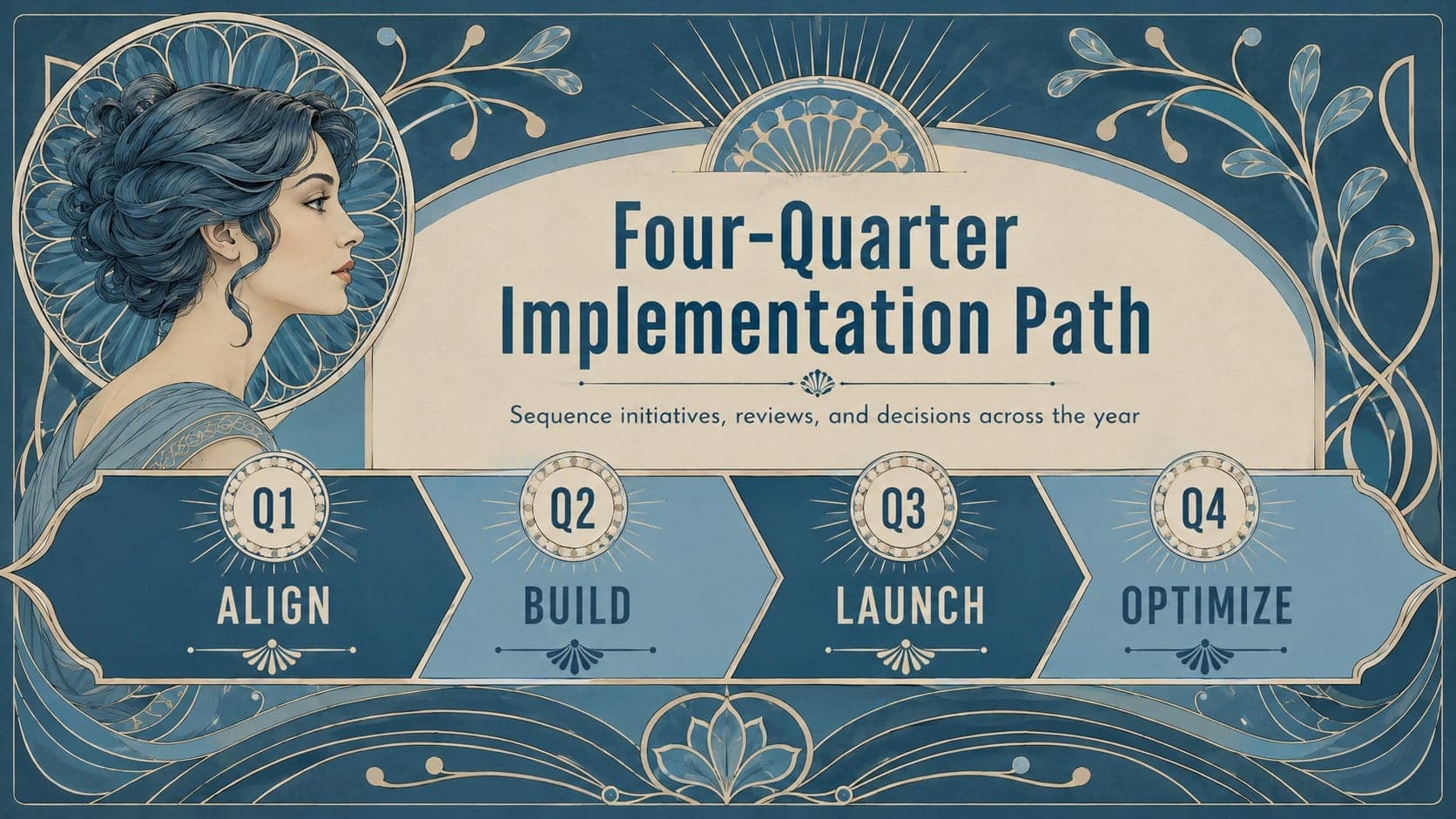 Strategic implementation timeline slide mapping quarterly initiatives and decision points.
