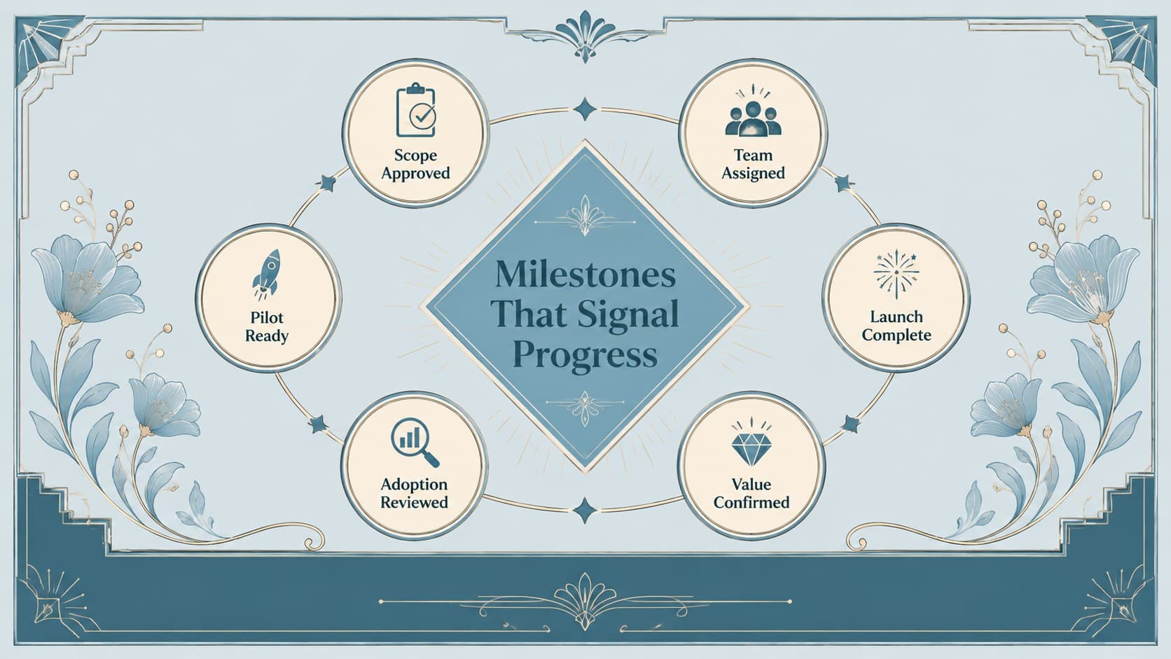 Blue milestone presentation deck slide with six checkpoints and measurable outcomes.