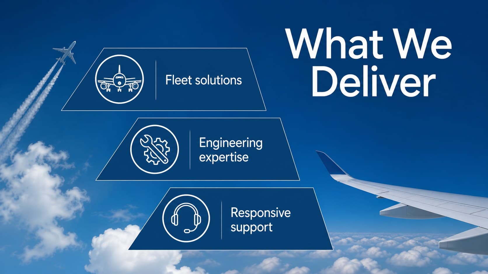 Aircraft capability overview slide with blue service blocks for fleet, engineering, and customer support.