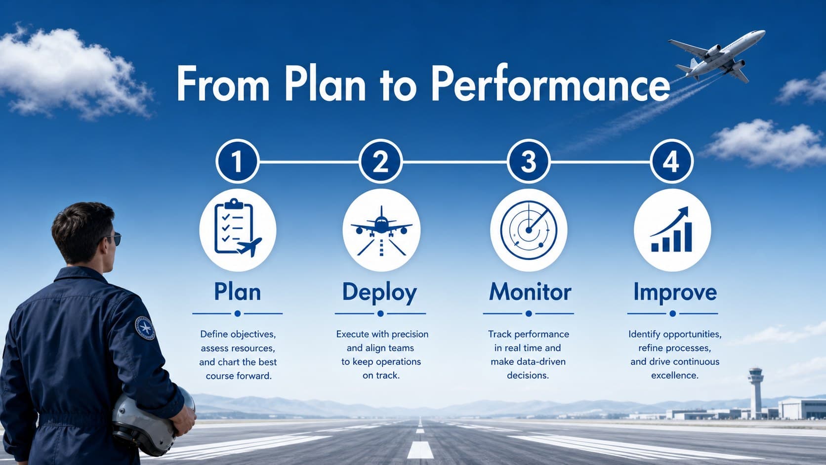 Aviation operations process slide mapping planning, deployment, monitoring, and review in a blue visual sequence.