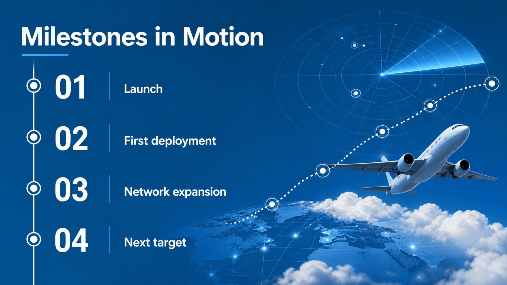Aviation milestones timeline slide presenting aircraft program progress across key dates in a bold blue layout.