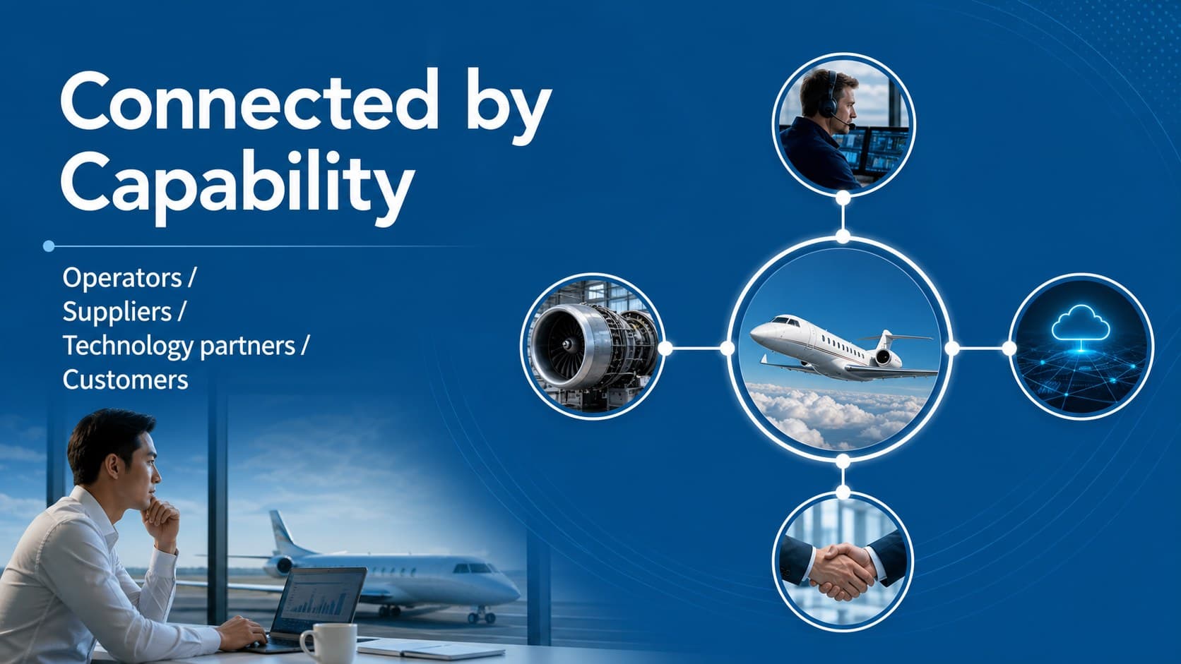Aviation partnership strategy slide with blue relationship nodes connecting operators, suppliers, and customers.