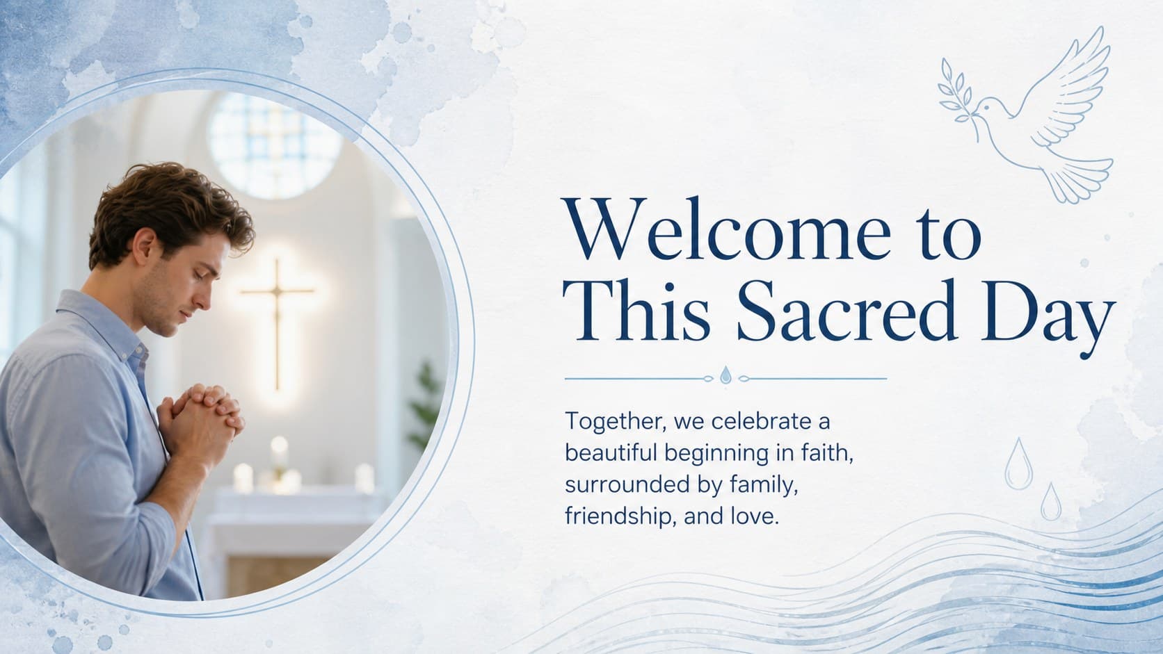 Welcome page from a baptism photo album presentation featuring a family photograph and a short message of faith.