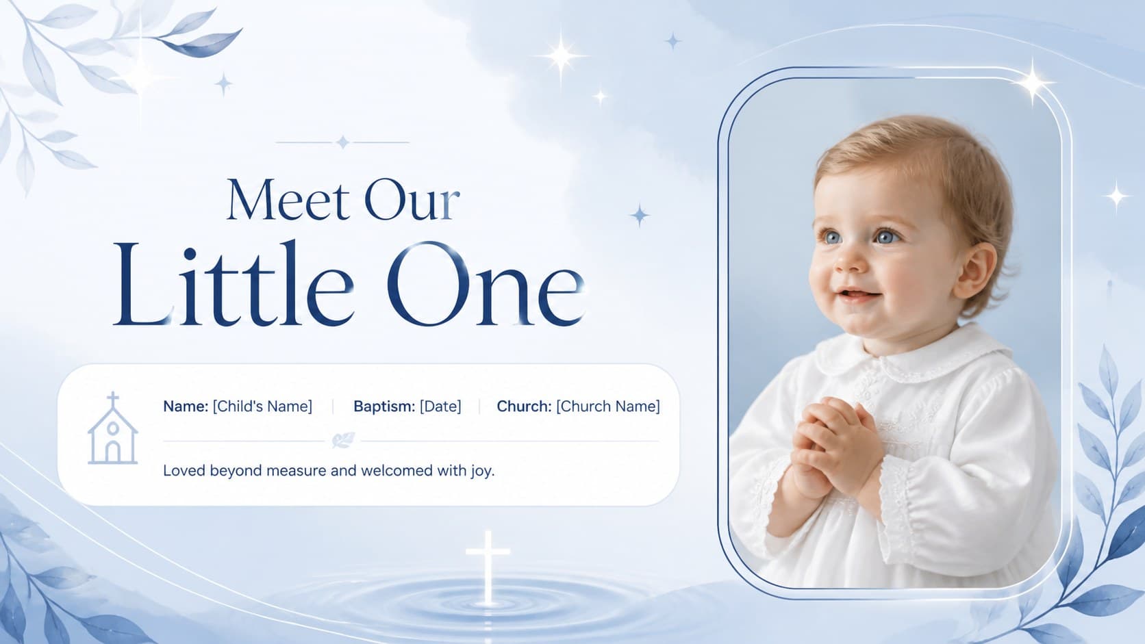 Child introduction layout in an editable baptism memory slide with a portrait, name, date, and church details.