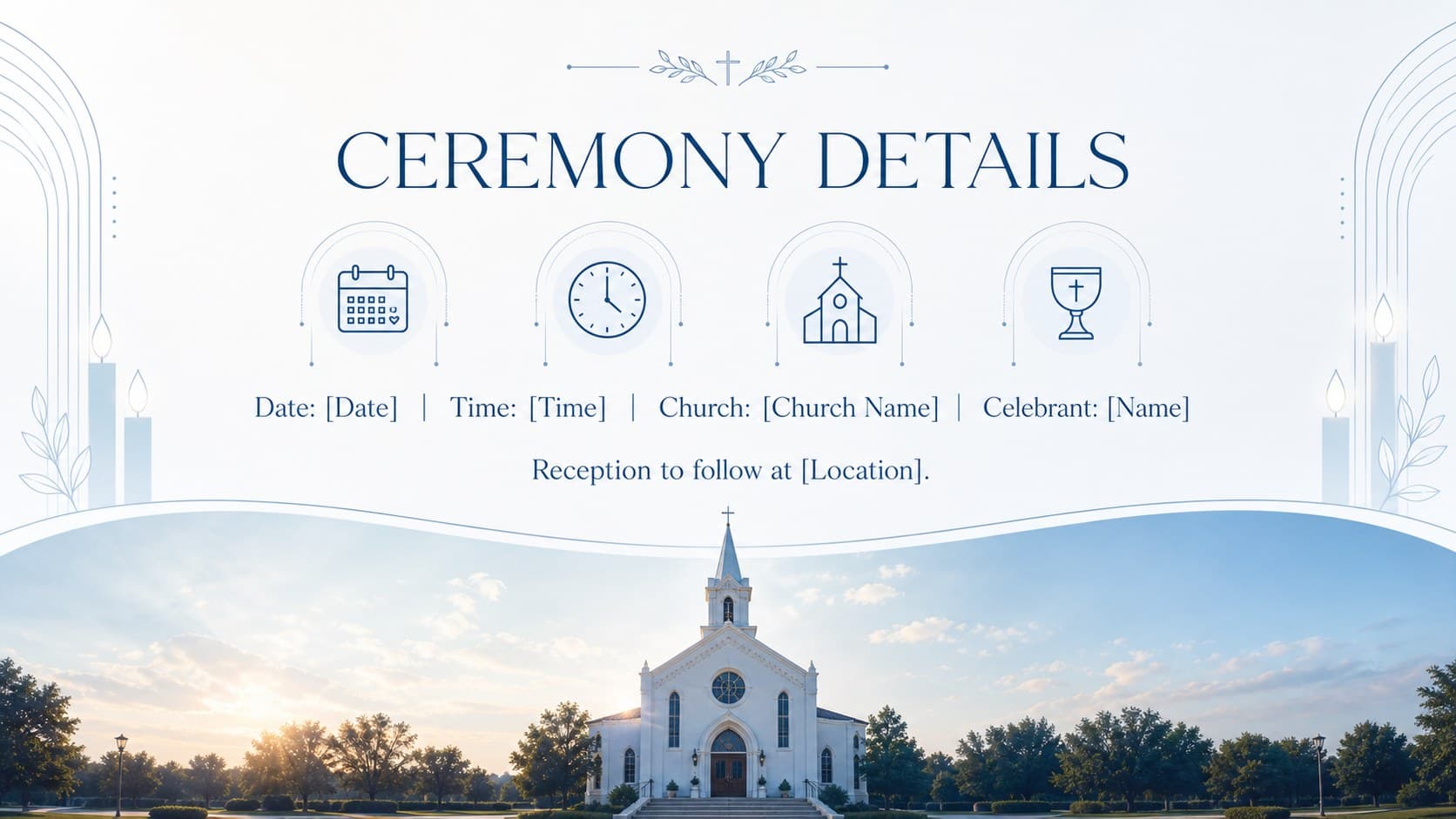Church baptism ceremony slideshow page listing the service date, location, celebrant, and reception information.