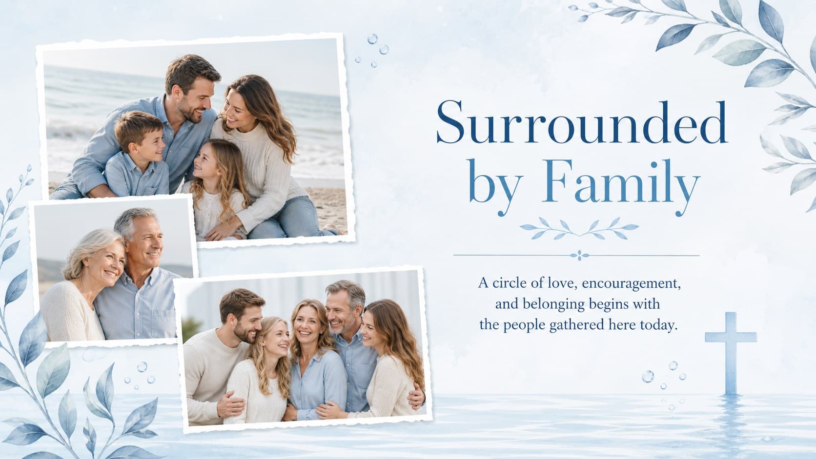 Family christening photo deck layout displaying three candid portraits beside a message about love and belonging.