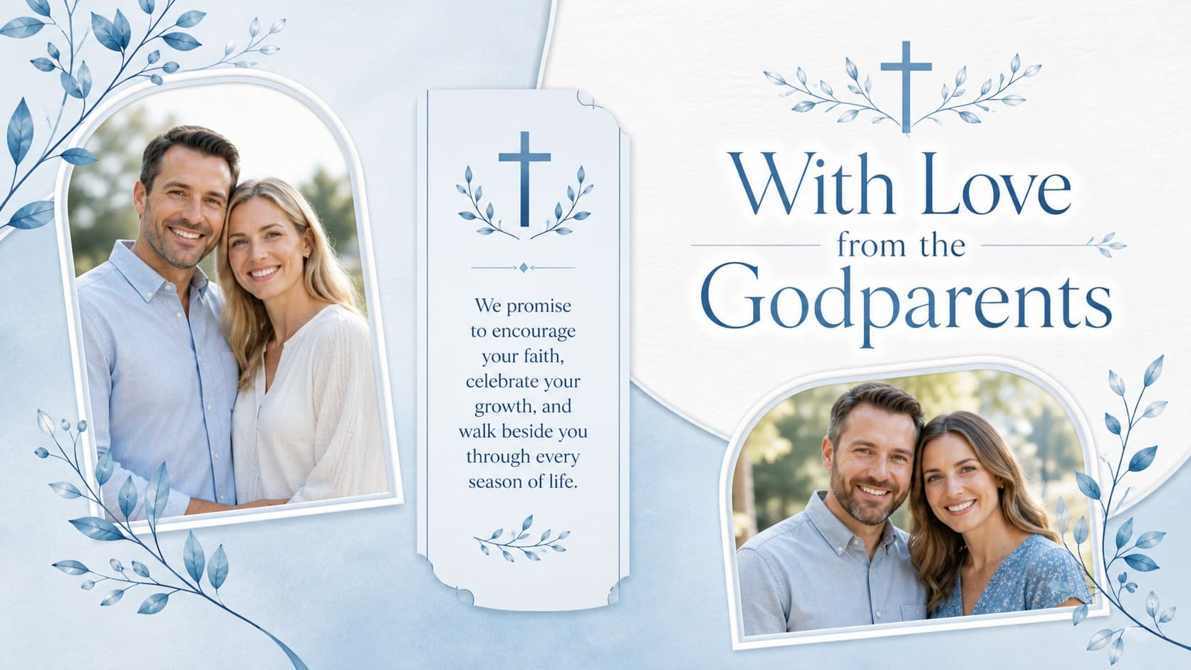 Godparent blessing presentation page with two portraits and a promise of lifelong spiritual support.