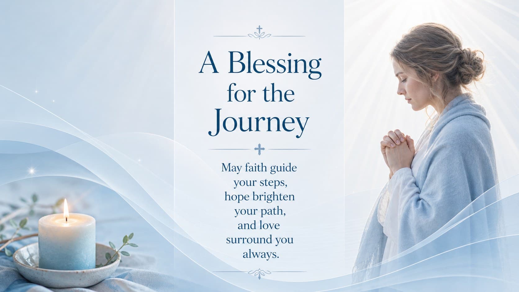 Blue Christian keepsake template page presenting a baptism blessing in an airy, reverent typographic layout.