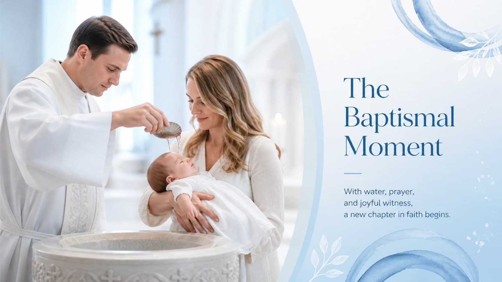 Baptismal moment page showing a large ceremony photograph and a concise caption about water, grace, and welcome.