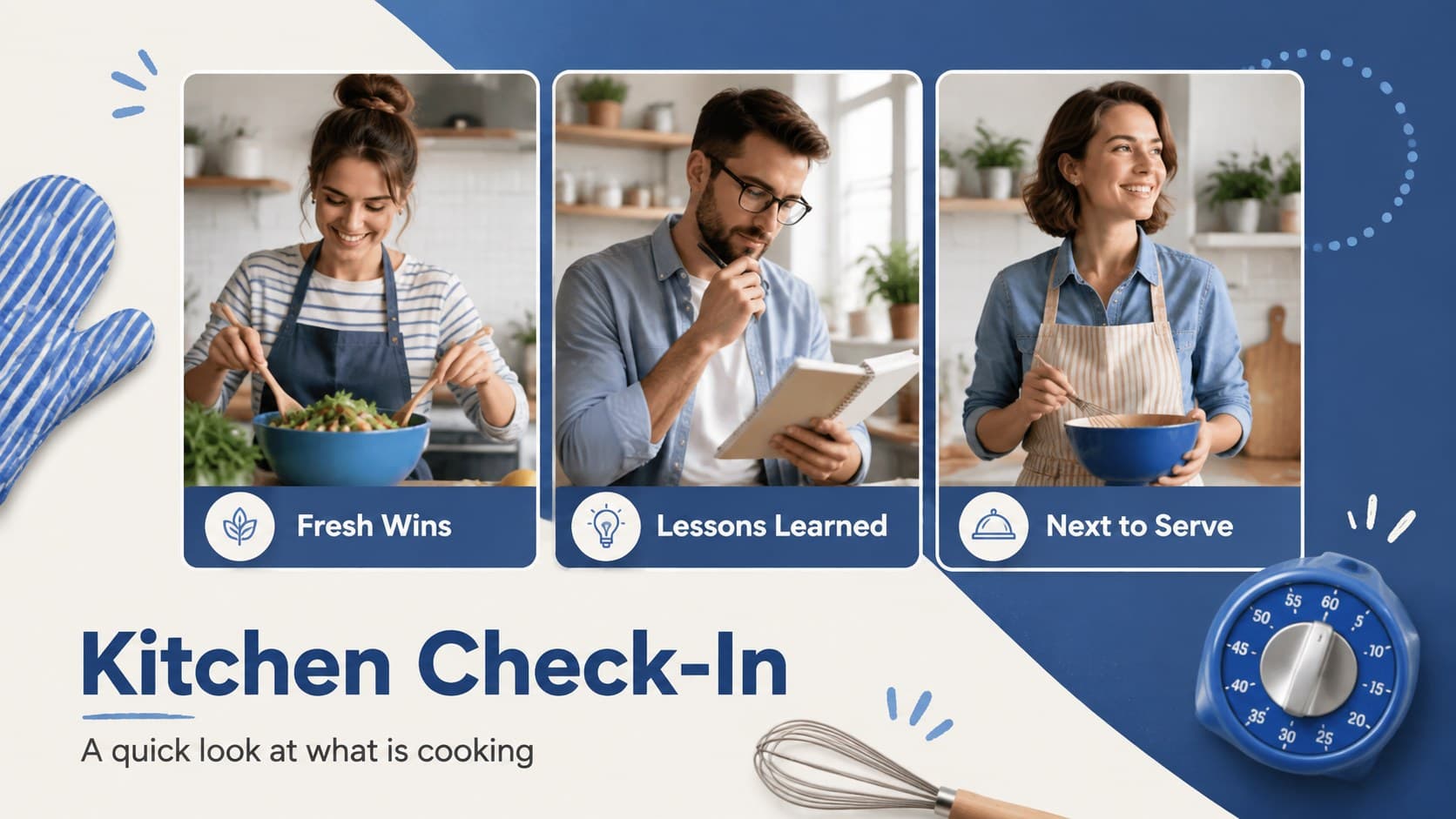 Blue kitchen check-in slide with three photo-friendly panels for wins, lessons, and next steps.