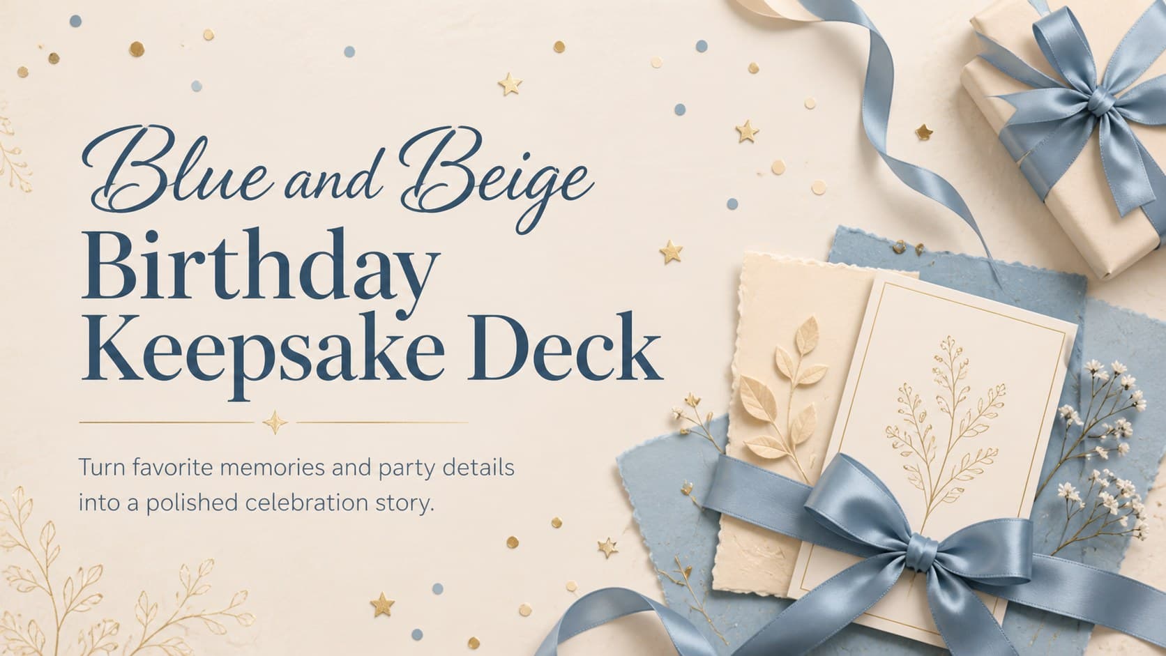 Cover of the Blue and Beige Birthday Keepsake Deck with refined typography and festive decorative accents.