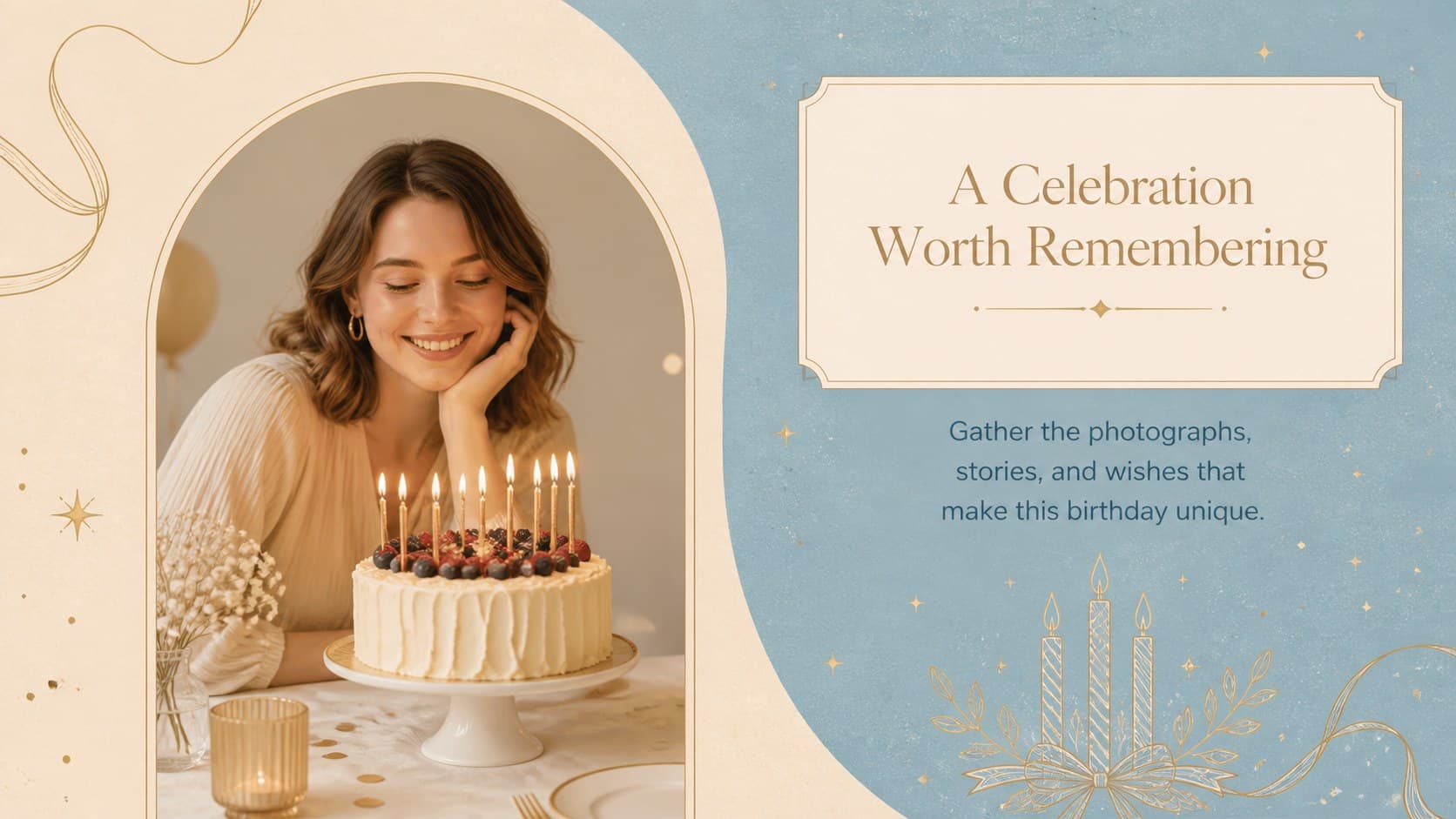 Elegant birthday welcome slide introducing a personal celebration story in blue and beige.