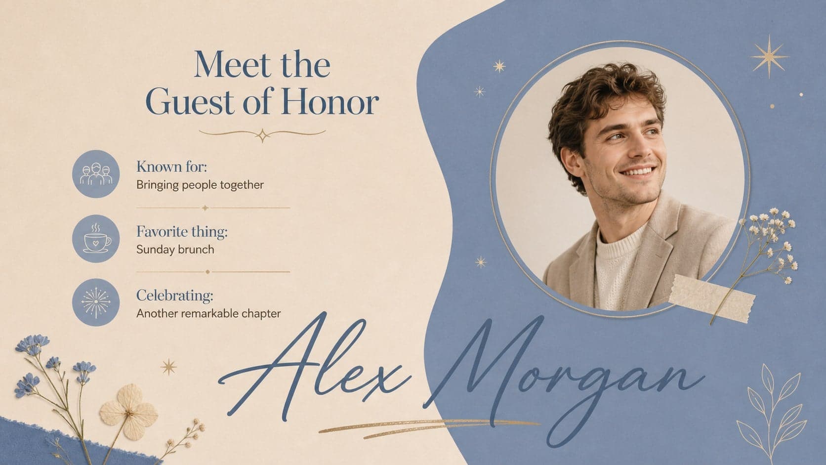 Celebrant profile layout for an elegant birthday photo slideshow with personal facts and a portrait.