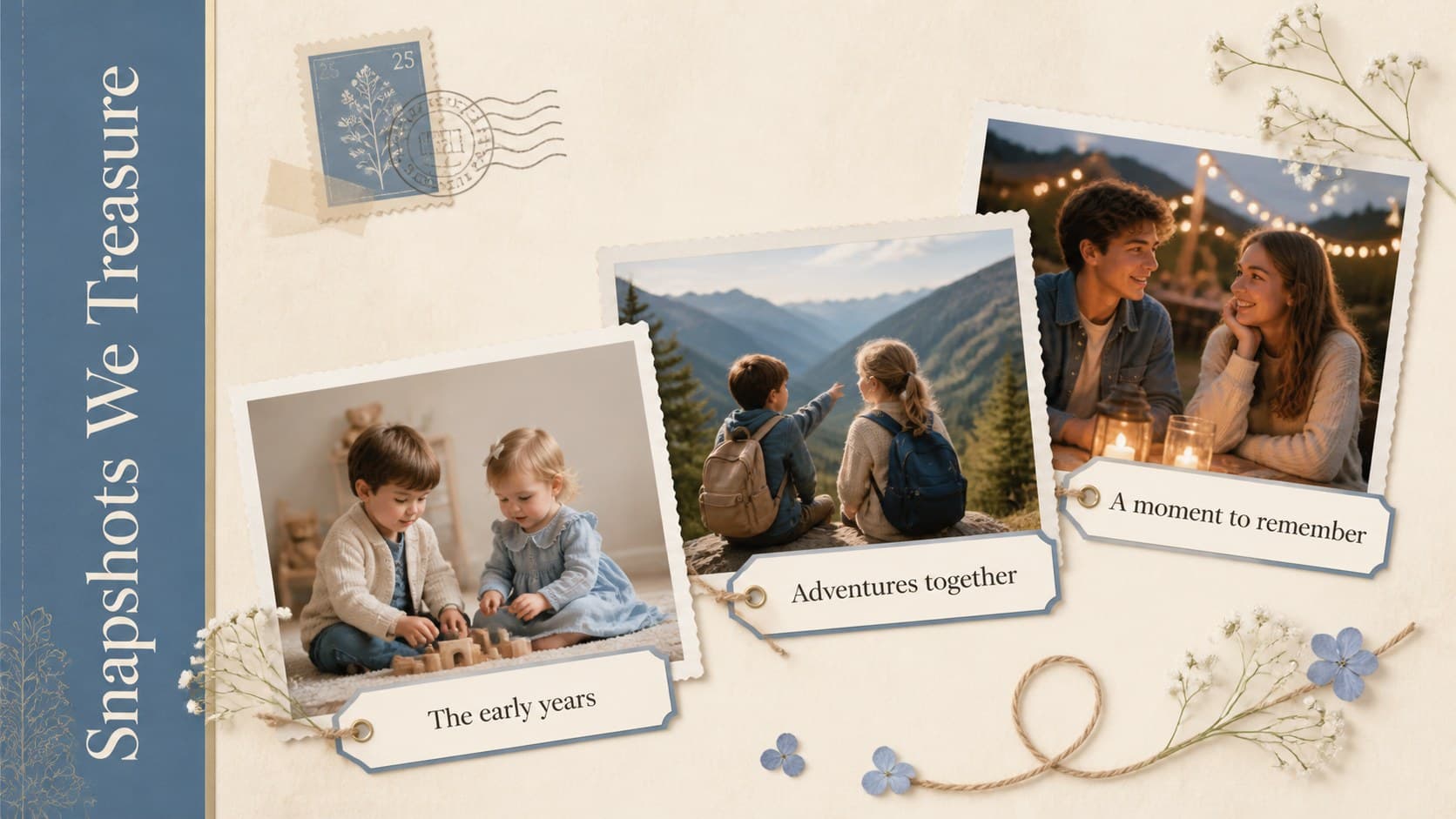 Blue and beige birthday presentation slide featuring three framed photographs and memory captions.