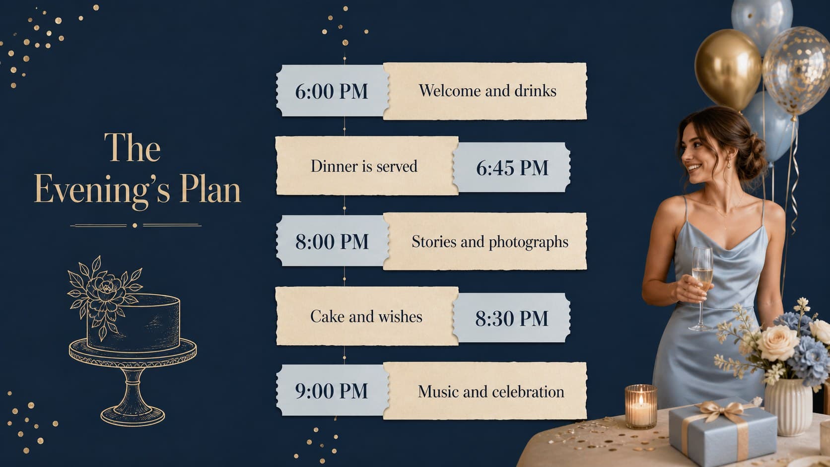 Sophisticated birthday party presentation layout listing the event schedule from arrivals to the final toast.