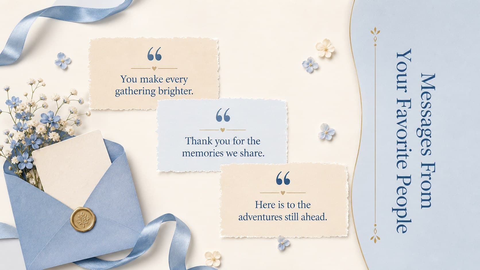 Birthday tribute slide presenting three heartfelt guest messages in an elegant blue and beige layout.