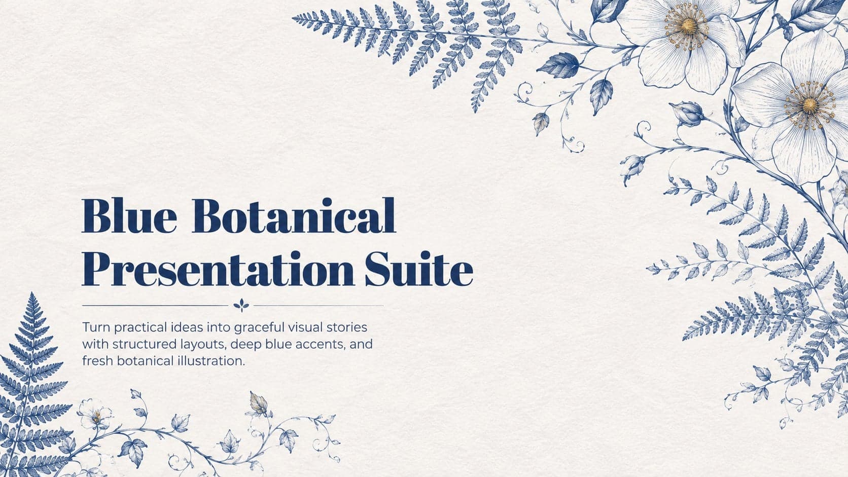 Cover of the Blue Botanical Presentation Suite with deep blue typography and elegant foliage illustrations.