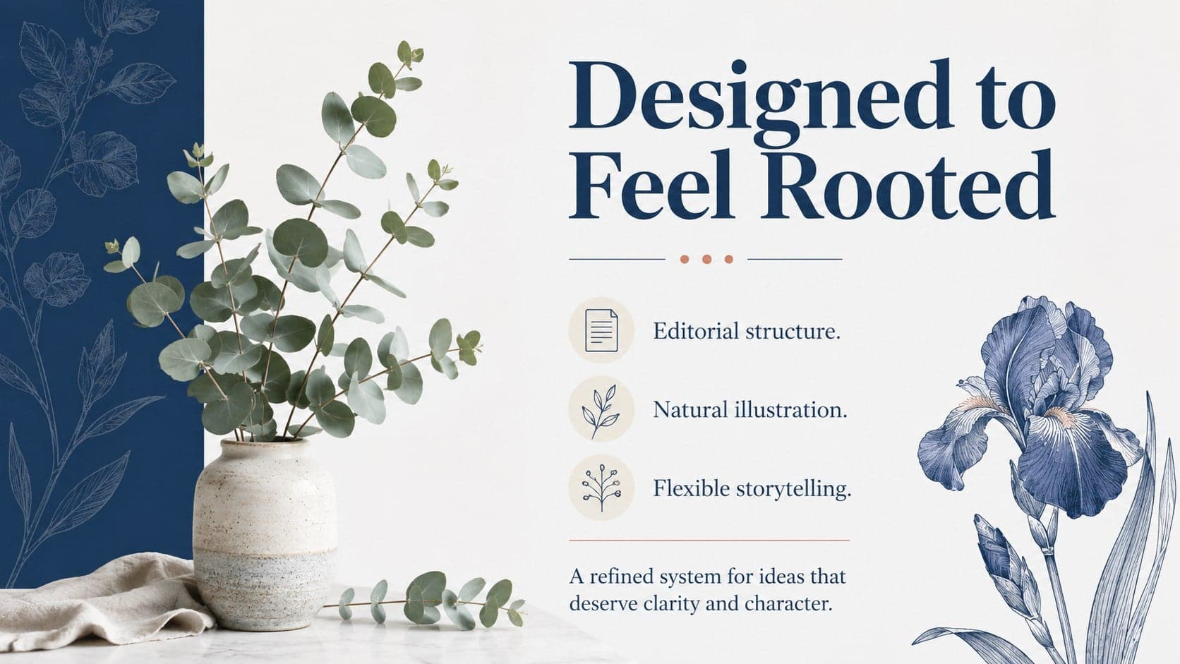 Blue botanical presentation suite overview showing its editorial style, flexible layouts, and natural visual character.