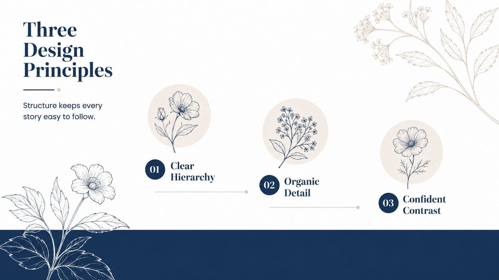 Elegant botanical PowerPoint template slide presenting three visual design principles.